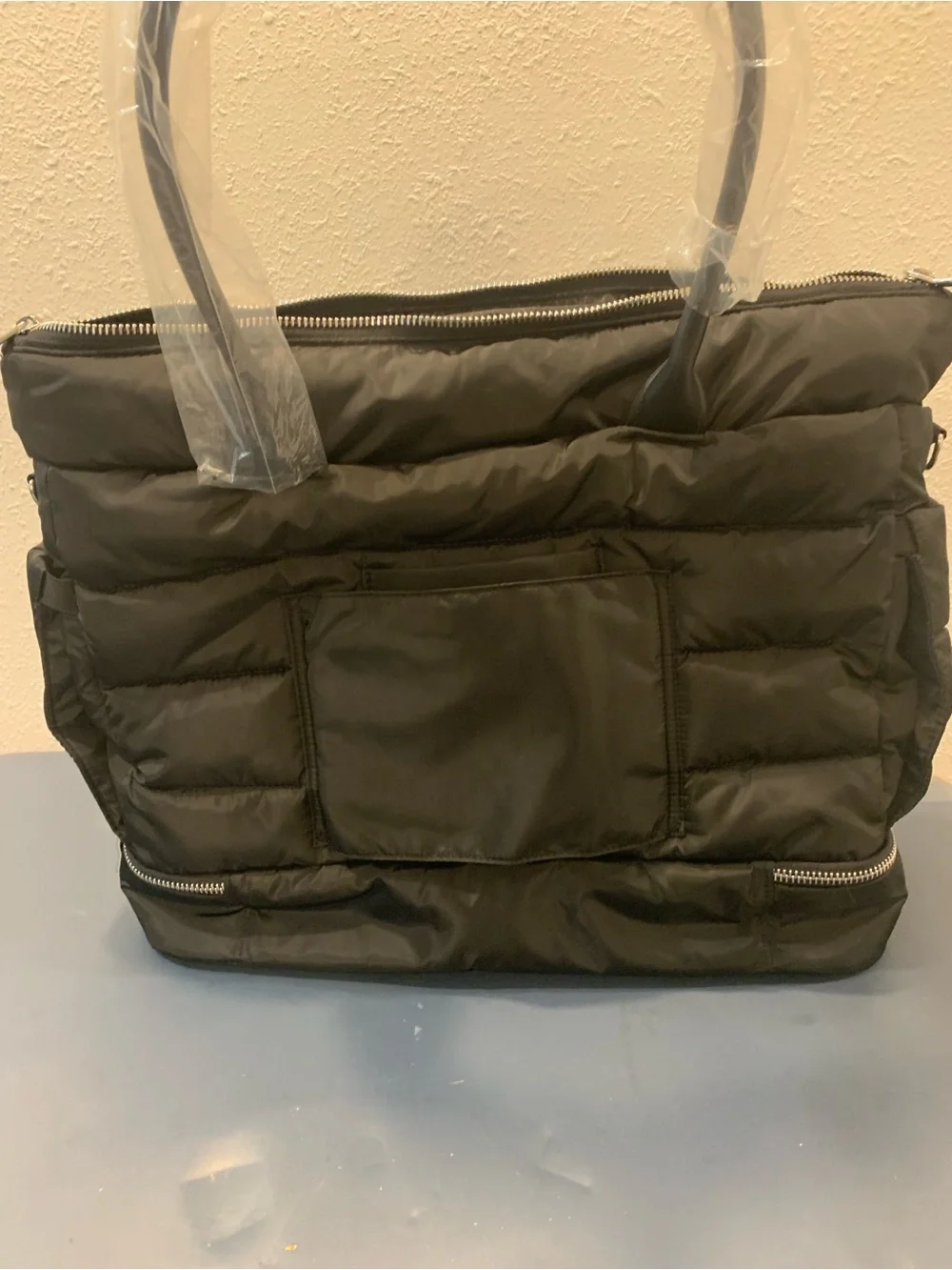Black Quilted Tote Bag with Top Zip